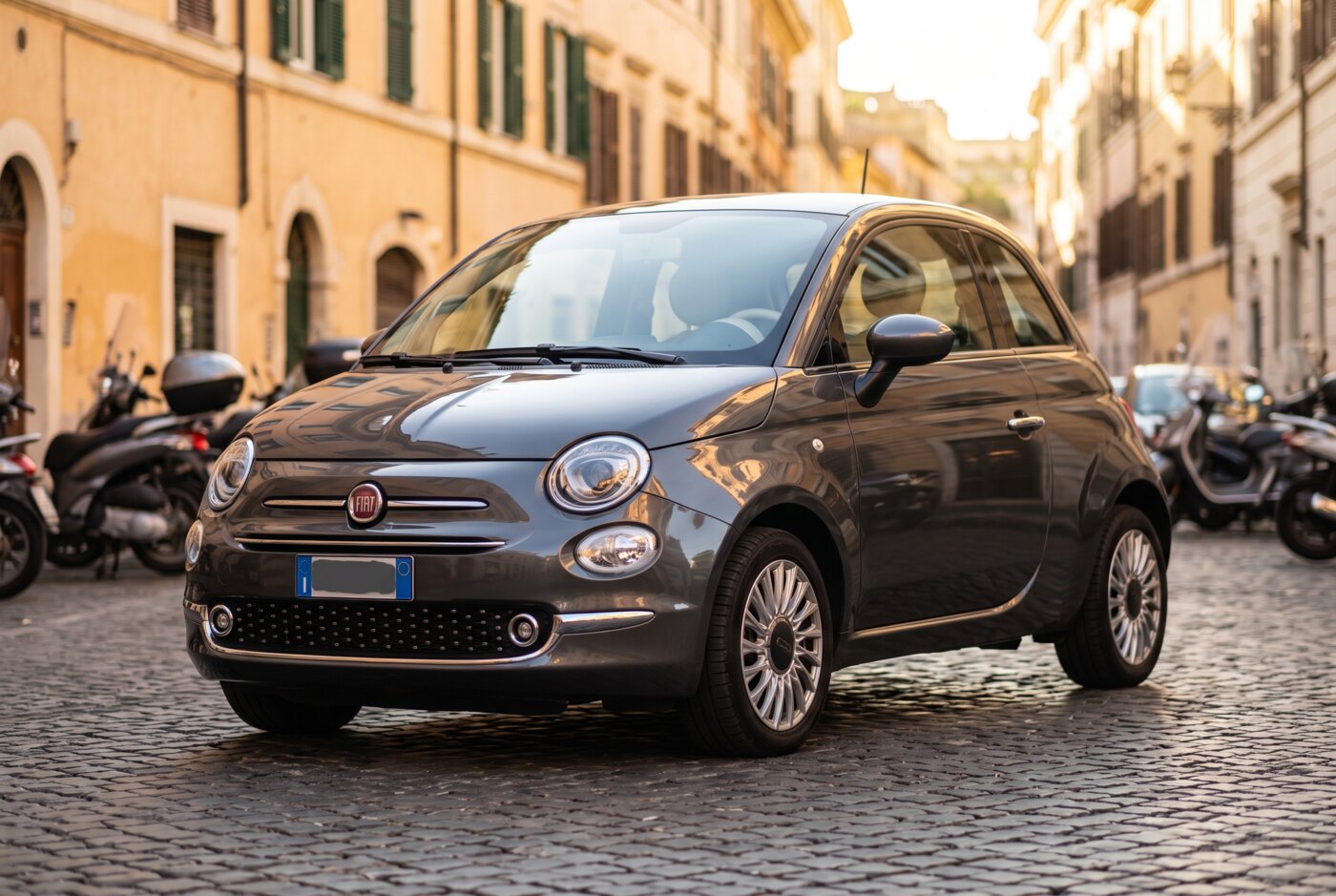 Fiat 500 grigia in un vicolo di Roma