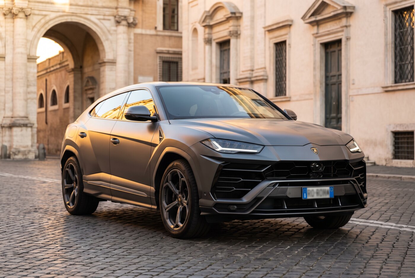 Lamborghini Urus grigio opaco in una piazza di Roma