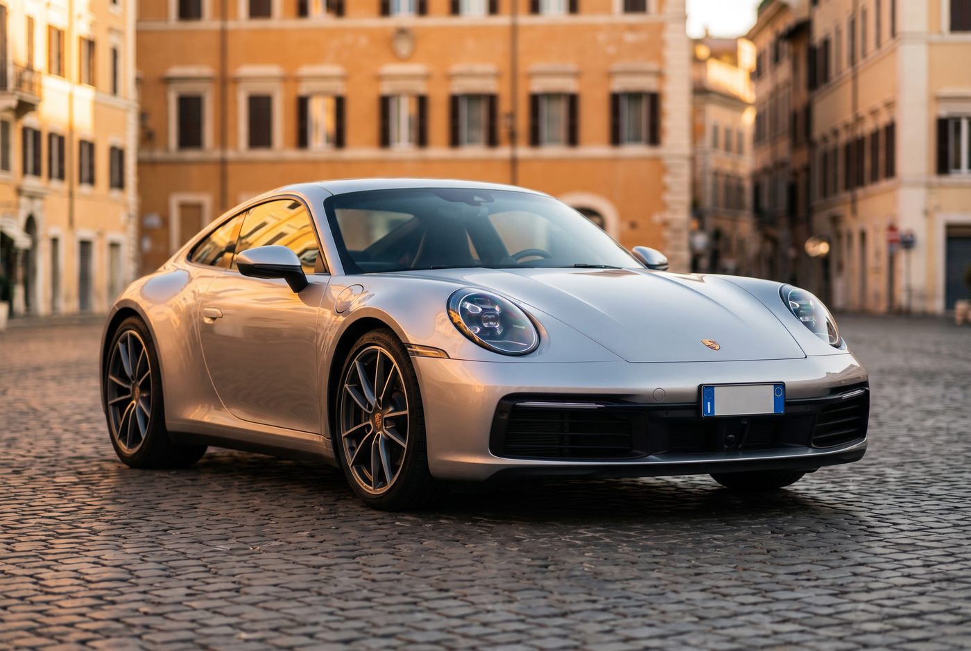 Porsche 911 in una piazza di Roma al tramonto