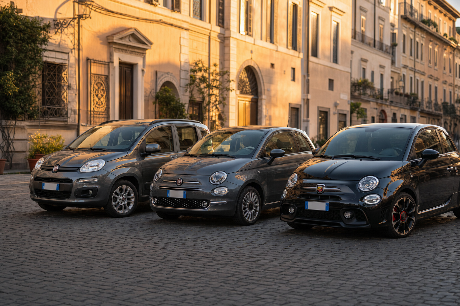Alcune auto della flotta Lory Car — Fiat Panda, Fiat 500 e Abarth 595 — in fila per le vie di Roma